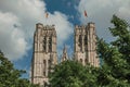 Gothic facade of St. Michael and St. GudulaÃ¢â¬â¢s Cathedral and leafy treetops in Brussels. Royalty Free Stock Photo